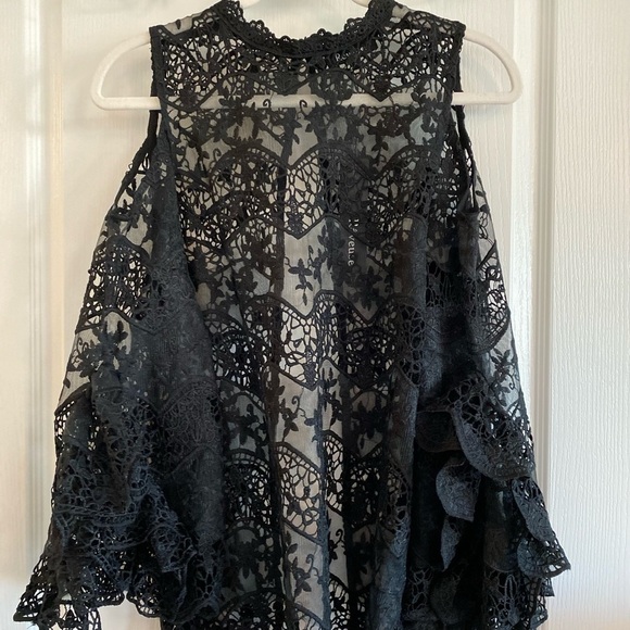 REVEUSE WOVEN TOP Black Bell SLEEVE womens large cold shoulder crochet - Picture 10 of 16